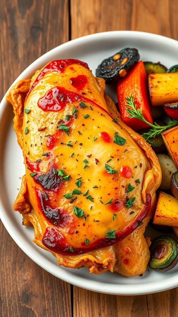 Air Fryer Chicken Breast Recipe Juicy air fryer chicken breast garnished with herbs, served with roasted vegetables on a rustic table.